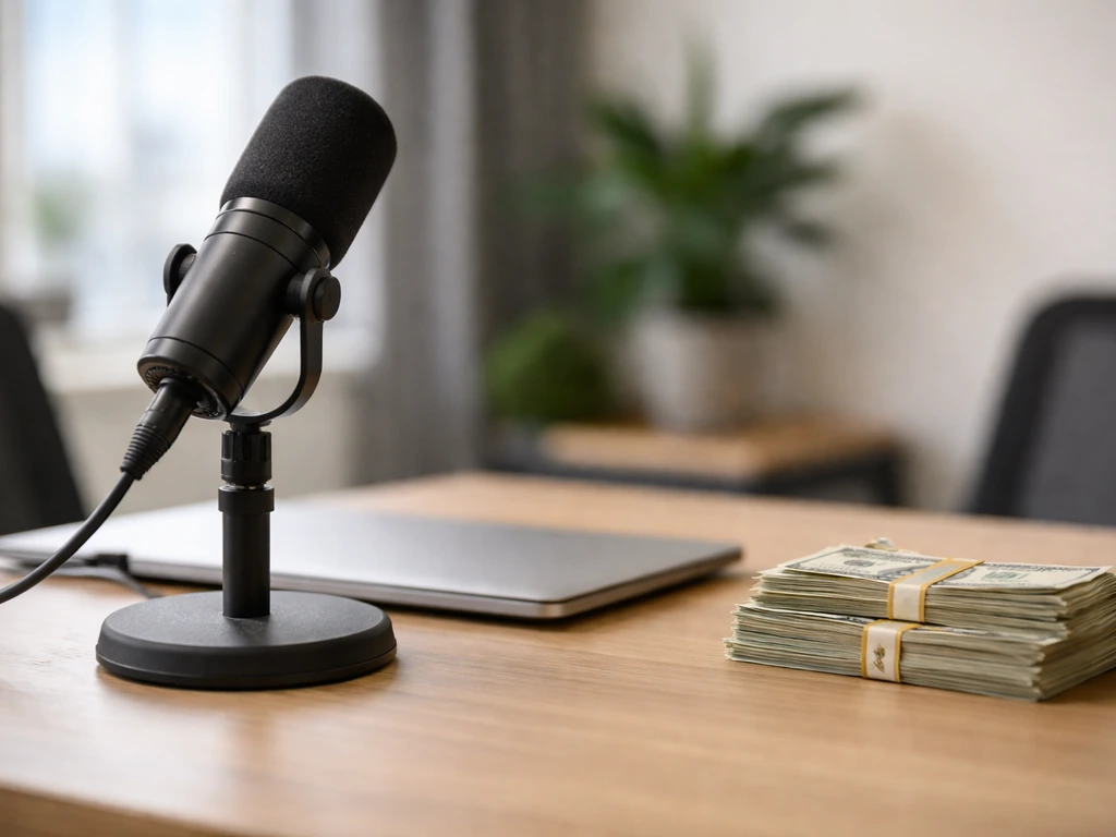 Minimal studio scene with a laptop, microphone, and neatly stacked cash symbolizing wealth and media work