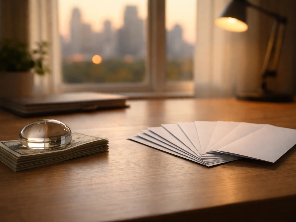 Minimal photo showing a split-range concept with money and studio desk items, no text.
