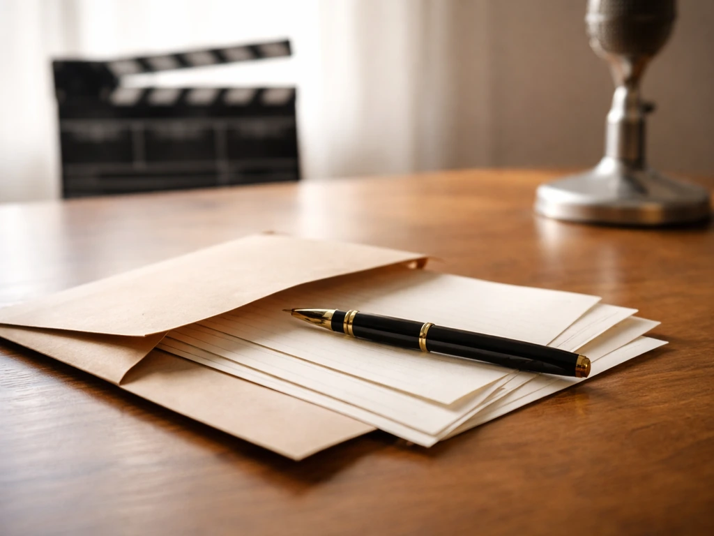 Desk with generic contract papers, a pen, and a blurred microphone base suggesting acting fees and residuals.
