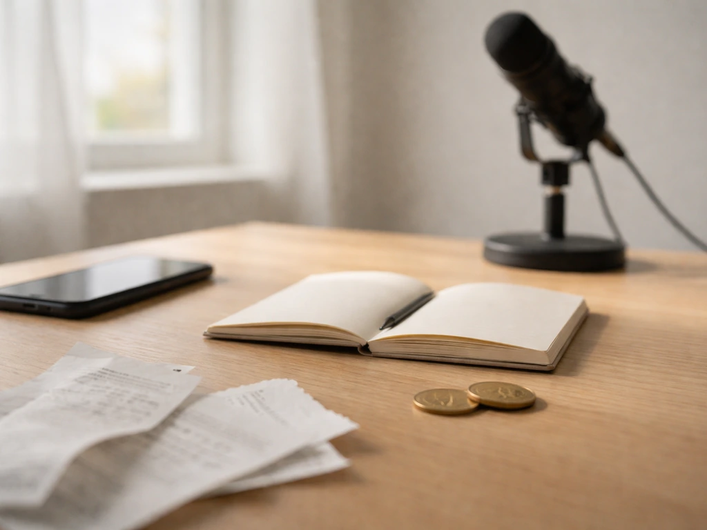 Minimal office scene with a notebook, coins, and a microphone, symbolizing building celebrity net worth estimates.