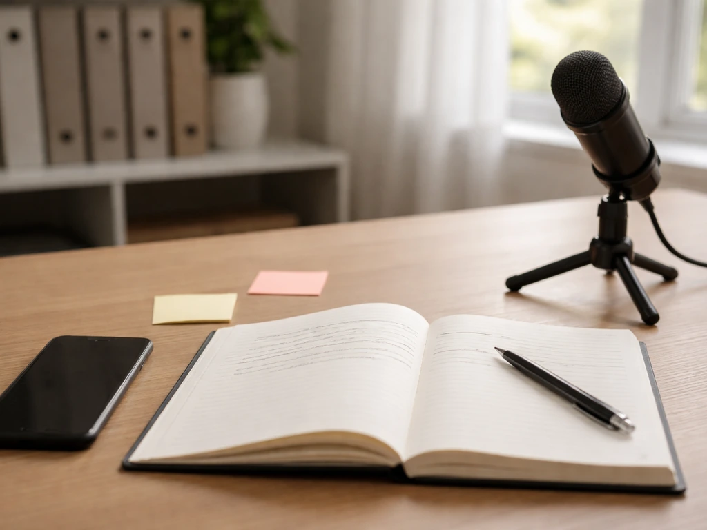 Minimal desk scene with a phone and notebook suggesting evaluating changing media income over time