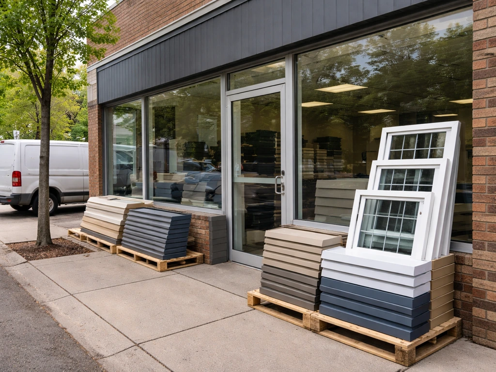 Minnesota home remodeling business storefront with nearby window and siding installation materials
