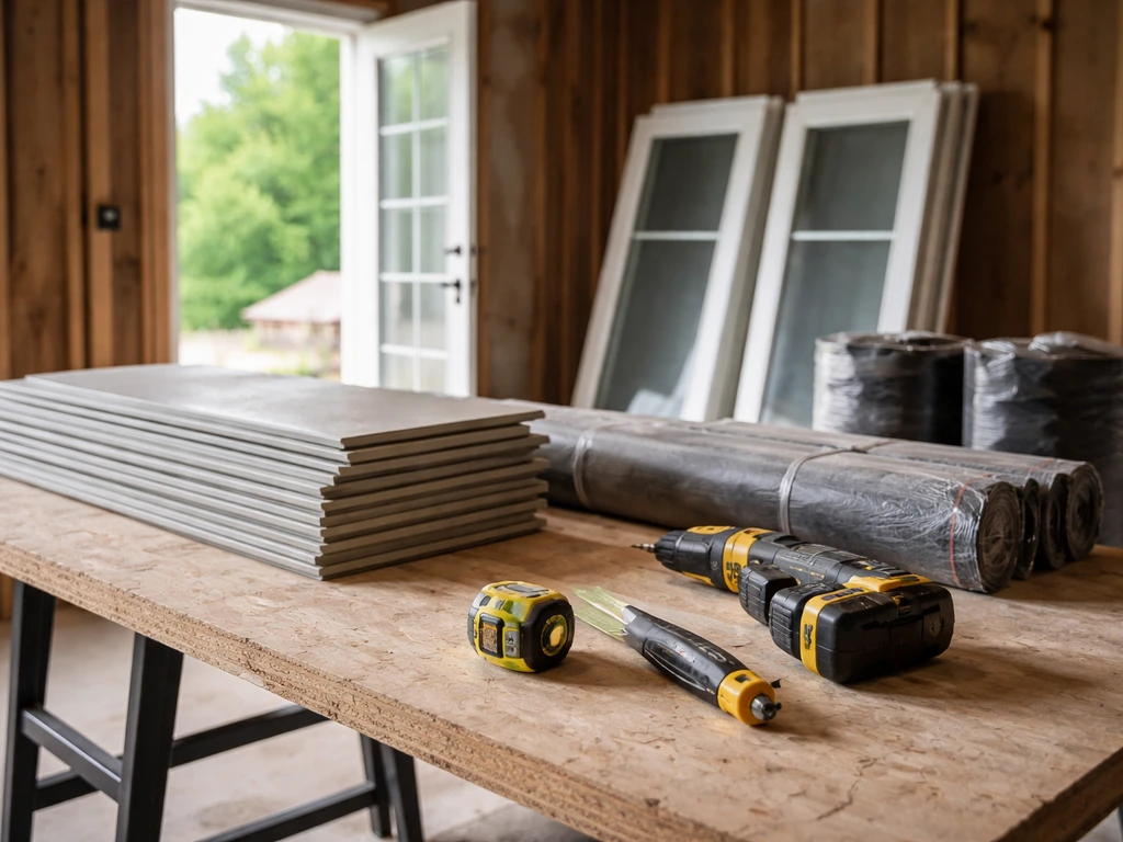 Hand tools and remodeling materials laid out on a contractor jobsite for decades of home remodeling work.