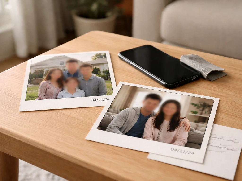 Blurred family photo prints on a table with house/outfit cues, showing identification without wealth assumptions