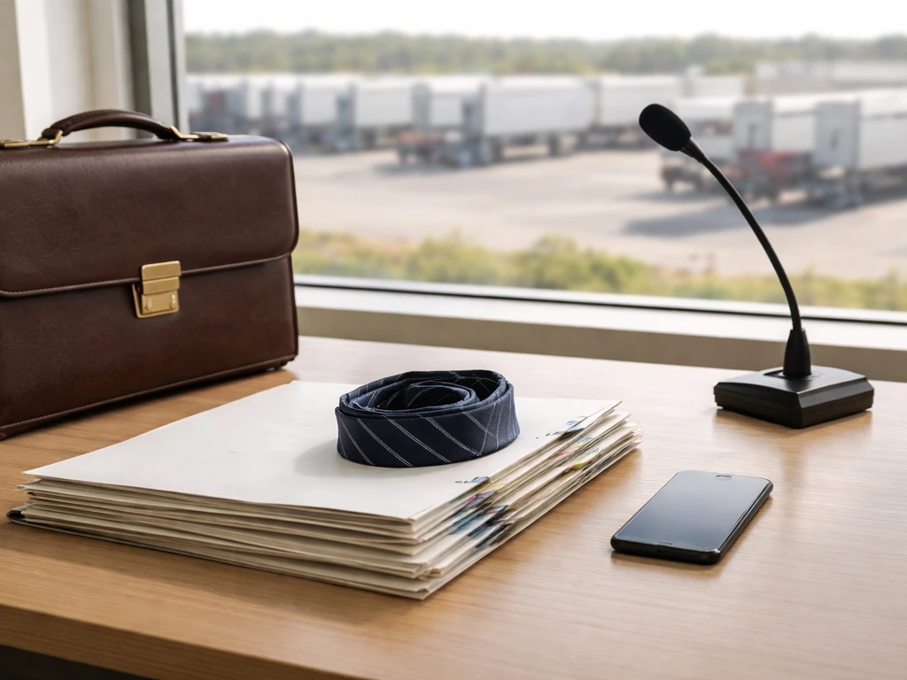 Anonymous logistics desk with folders, briefcase, microphone, and blurred trailers outside window