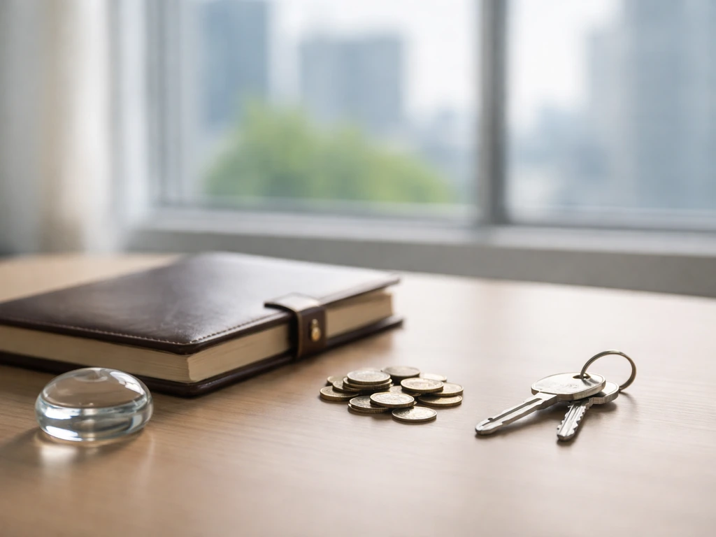 Minimal photo of a desk with a closed leather ledger and scattered coins symbolizing assets and liabilities