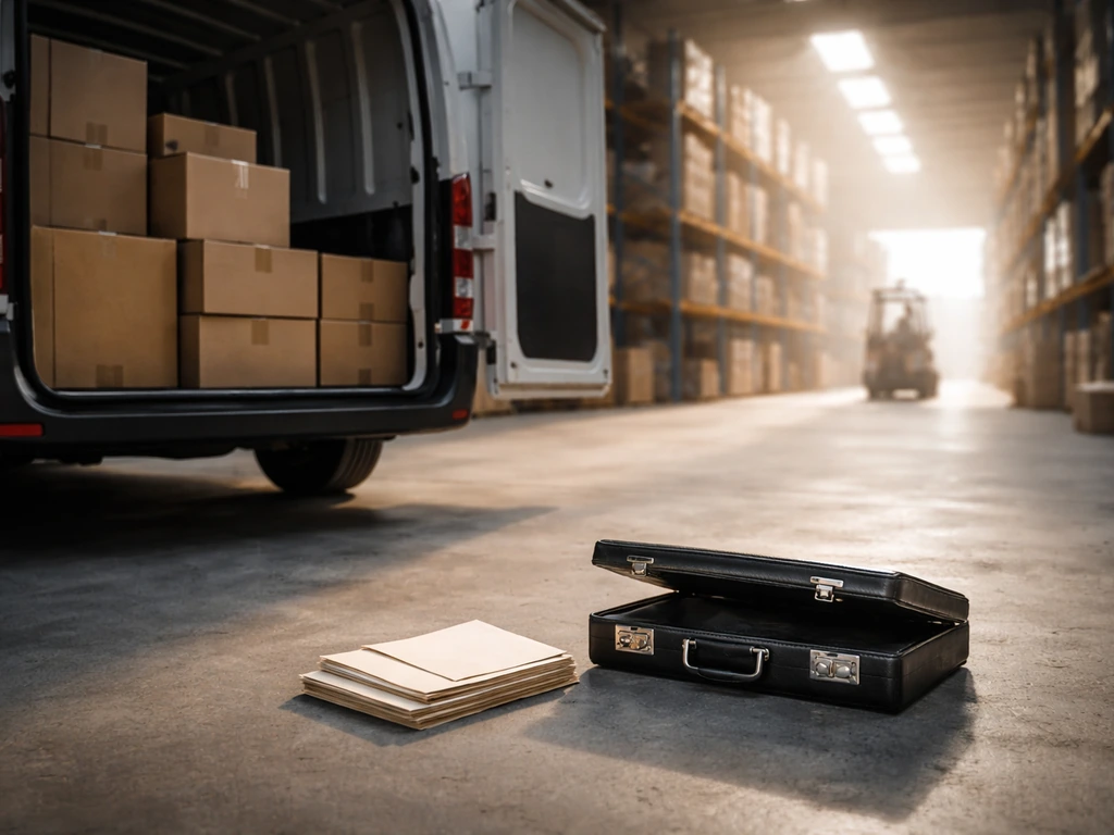 Open logistics van and warehouse interior with a briefcase, symbolizing private company growth and equity appreciation.