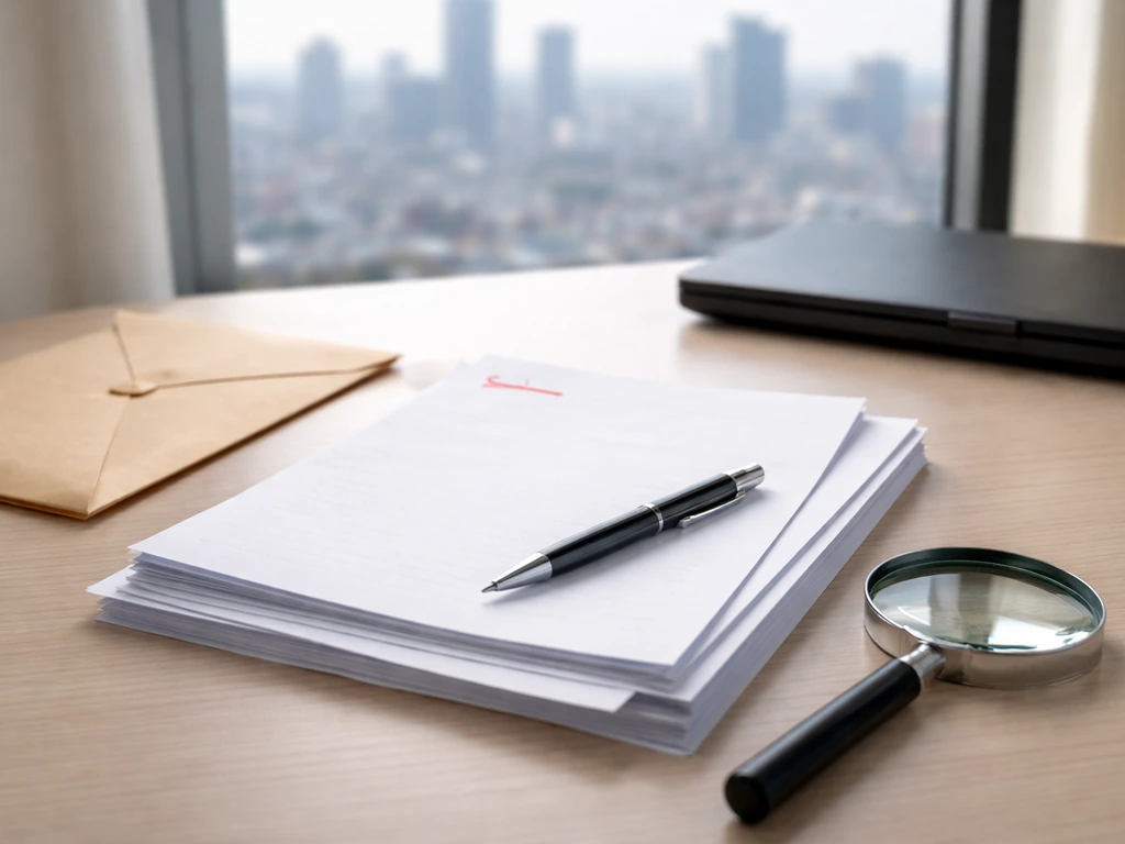 Minimal desk scene with papers, a magnifying glass, and a laptop suggesting verifying corporate filings.