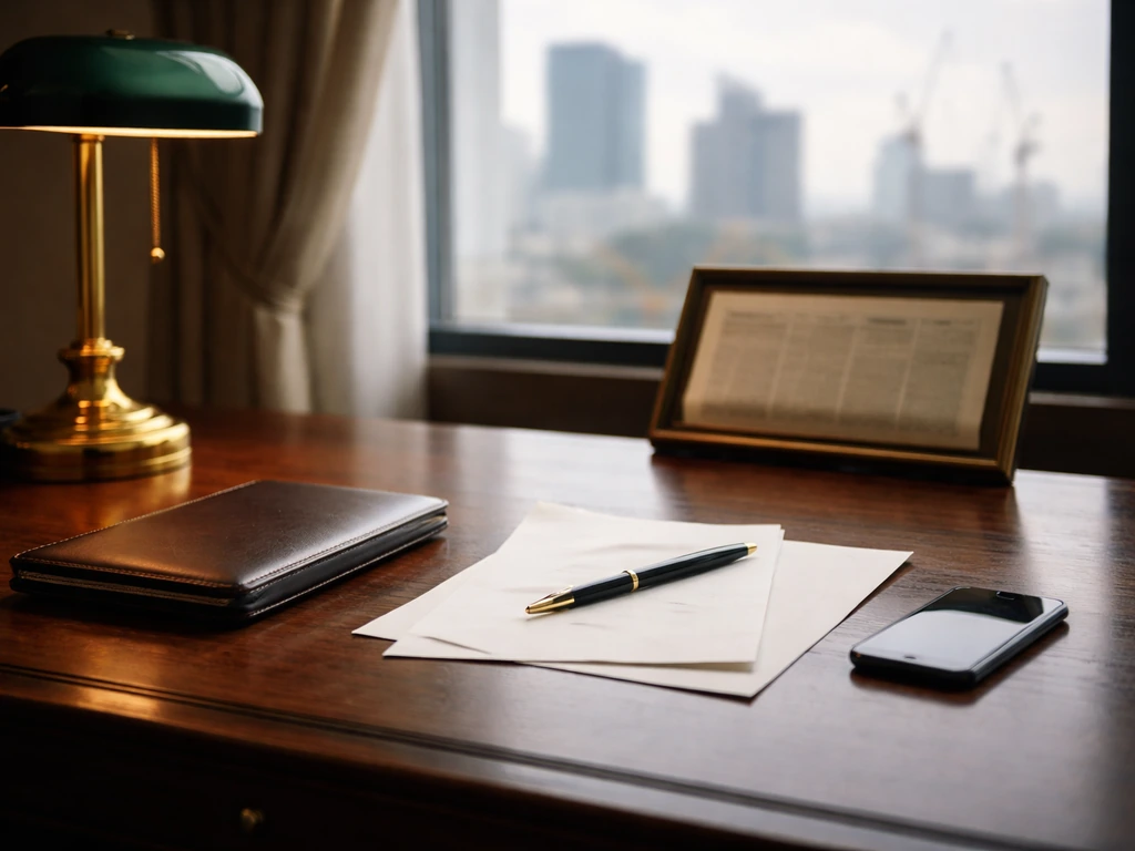 Minimal executive desk with media-and-finance cues and a blurred London skyline, symbolizing Lord Rothermere net worth.
