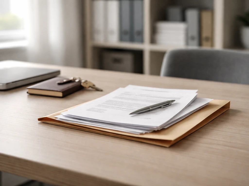 A calm desk setup with investment documents and a pen, symbolizing private media equity and liabilities.