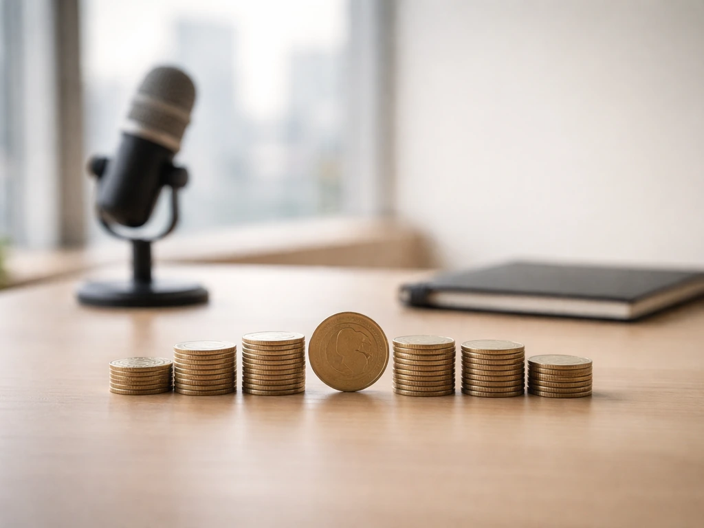 Minimal photo of a desk with a microphone and a single coin stack, suggesting a financial range and midpoint