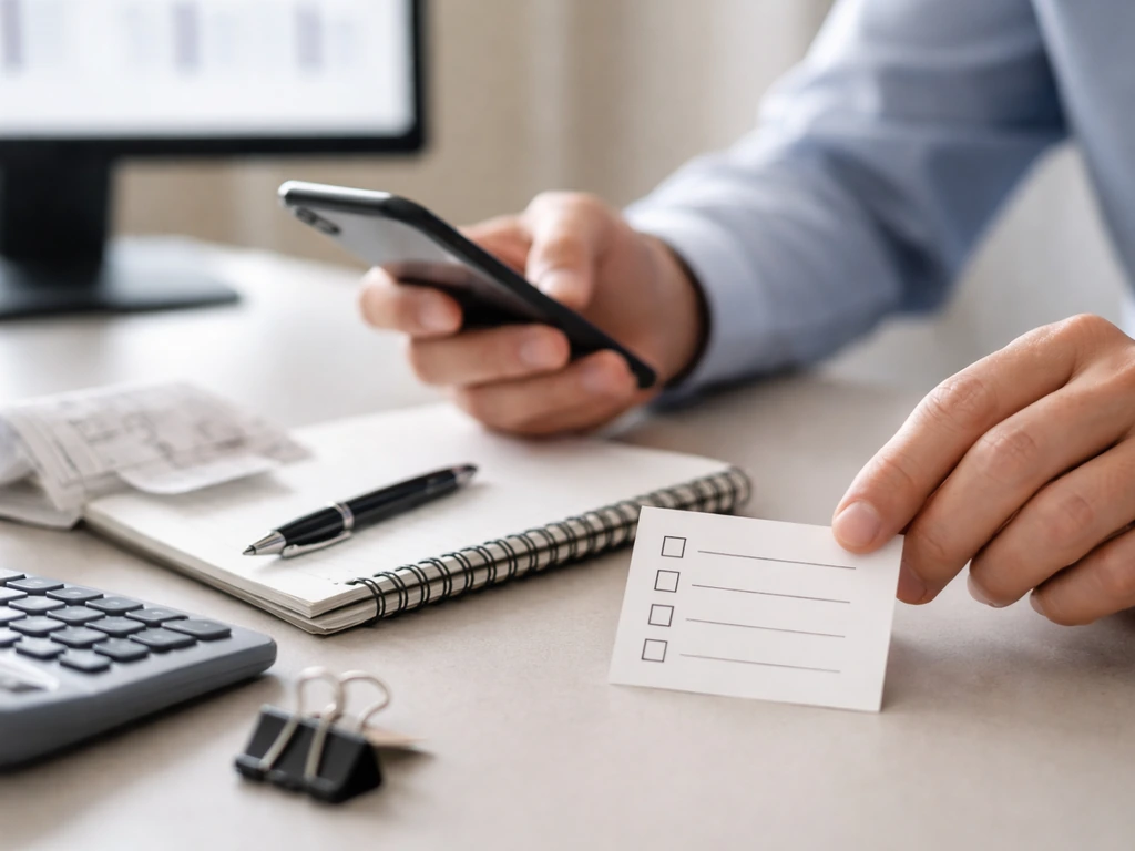 Hands on a desk with a phone, notepad, calculator, and blank checklist card for estimate verification.