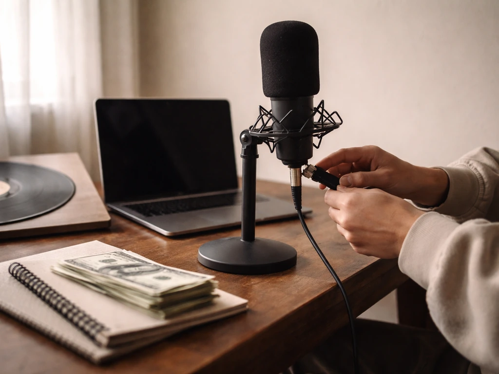 Anonymous creator working at a simple desk with a laptop and cash-styled props in soft natural light.
