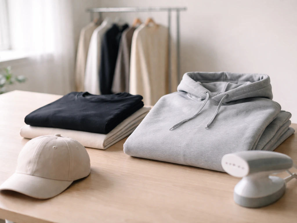 Neatly folded streetwear on a table with a hoodie and cap, suggesting merch/apparel revenue.