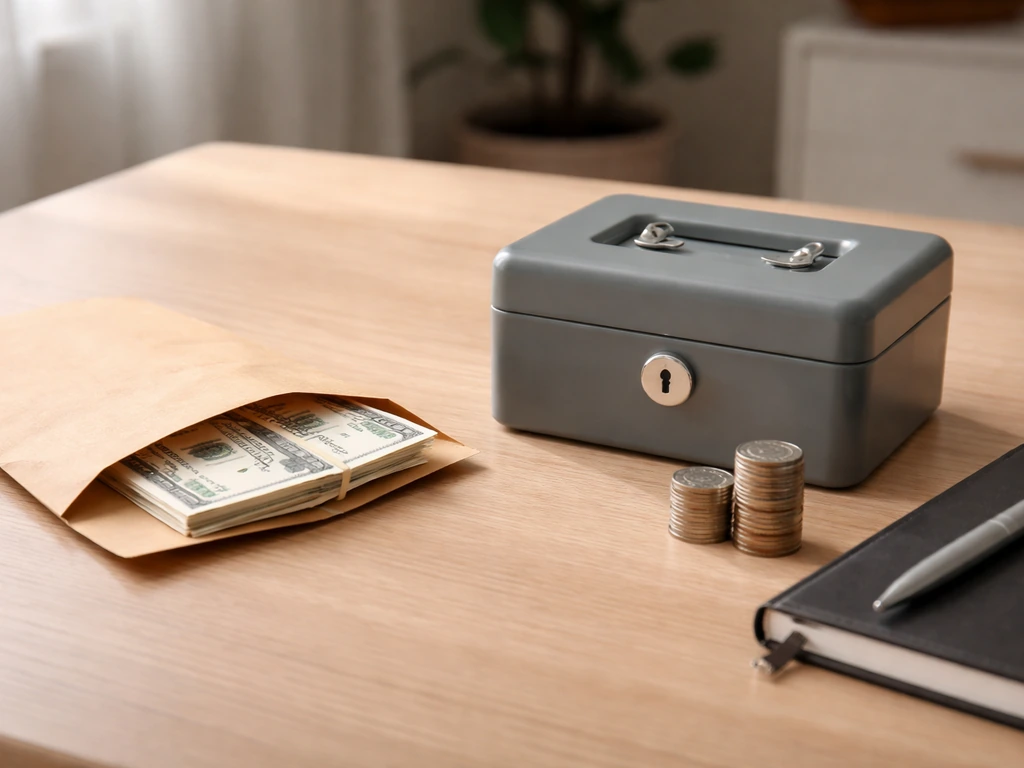 Minimal desk scene with a cash envelope and a small locked box symbolizing income vs total assets.