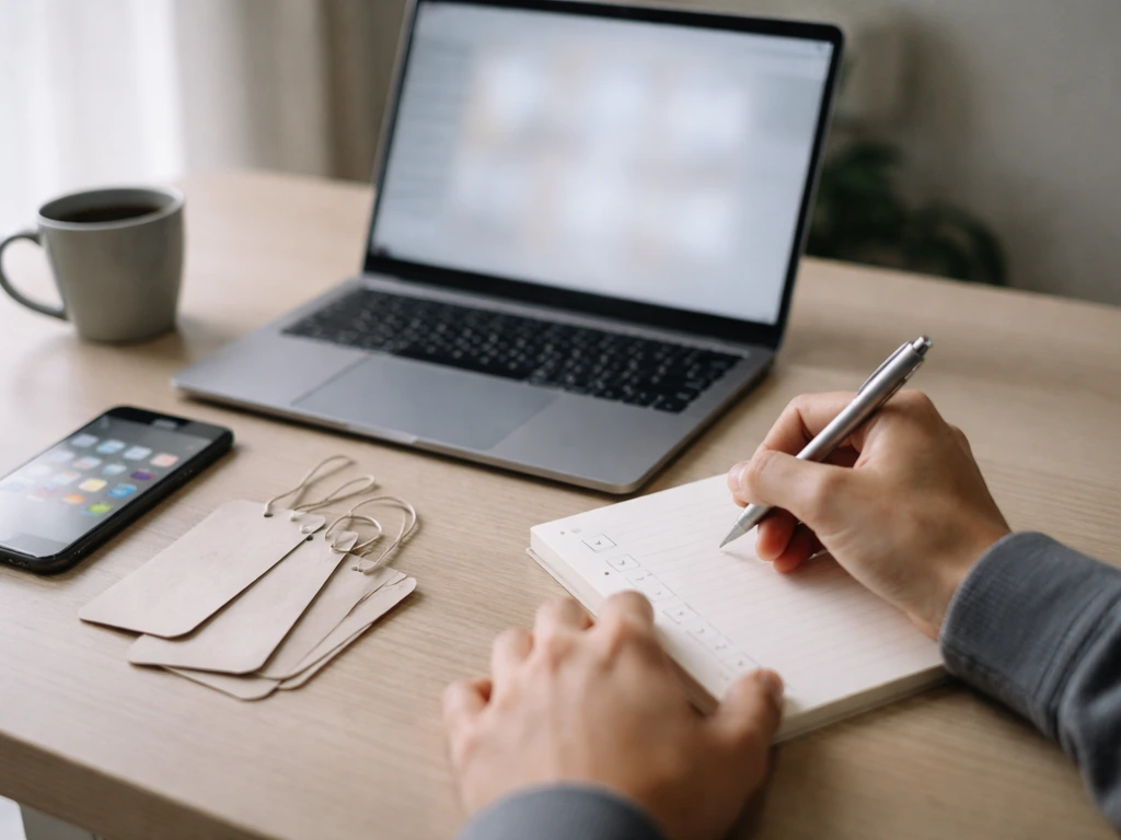 Person at a desk updating a financial media estimate using a laptop and phone, minimal checklist feel.