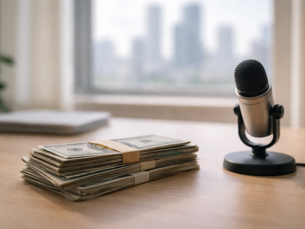 Minimal photo of a desk with cash and a microphone, symbolizing an estimated net worth range analysis
