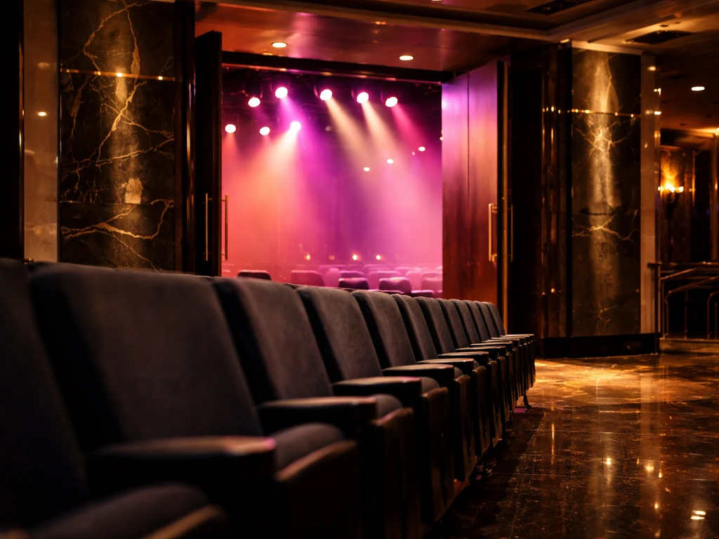 Empty Las Vegas theater entrance with stage lights glowing, hinting at a Strip residency performance night