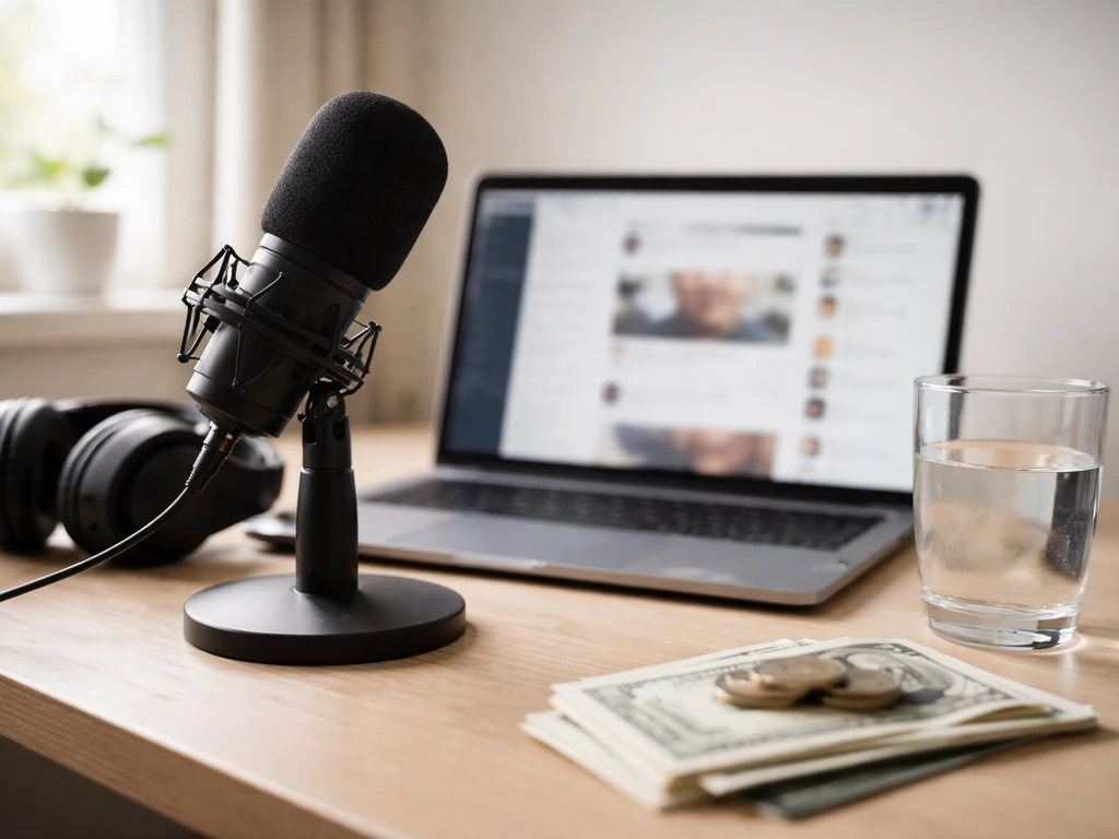 Minimal desk with microphone and blurred laptop, symbolic coins/bills for verifying an esports identity.