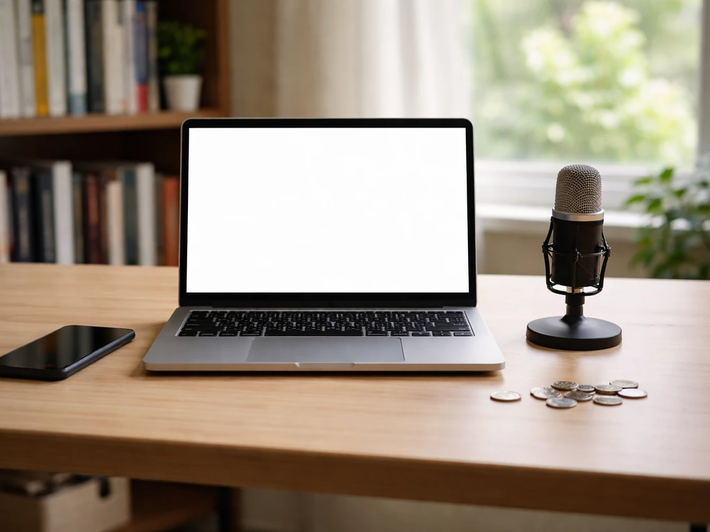 Minimal office desk with a laptop, smartphone, and mic beside scattered coins, symbolizing media and money calculations.