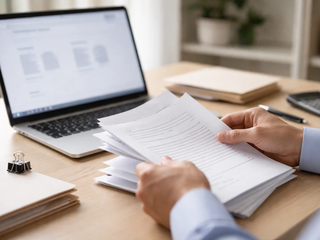 Close-up of hands reviewing business documents beside a laptop showing a blurred company-search interface