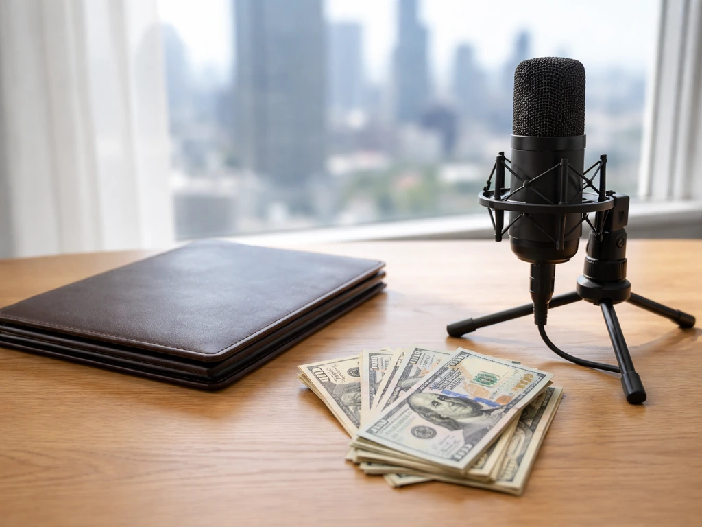 Minimal studio desk with a microphone and neatly arranged cash, symbolizing music media and wealth estimate.