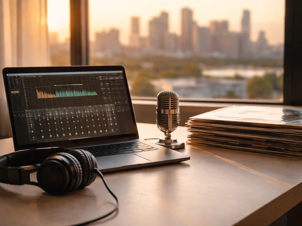 Music studio desk with headphones, microphone, vinyl records, and laptop suggesting royalties and streaming.