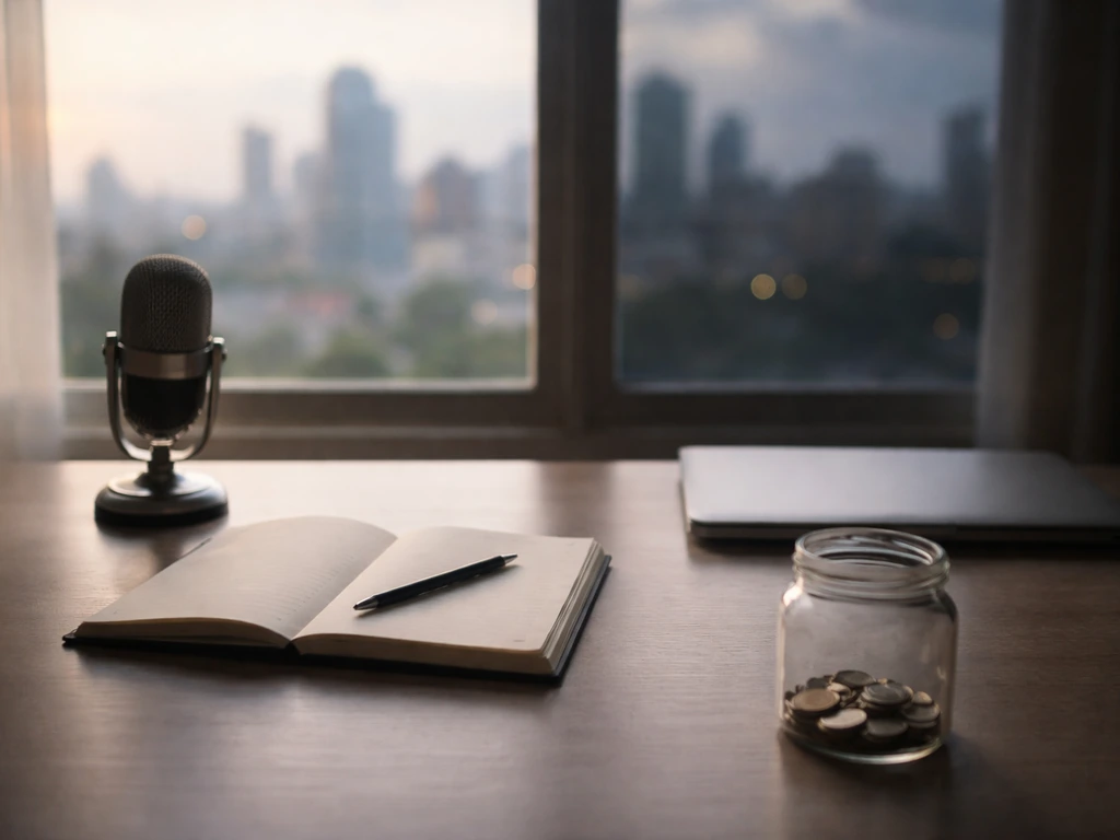 Minimal studio desk with microphone and coins, bright-to-dim lighting suggesting changing earnings over time.