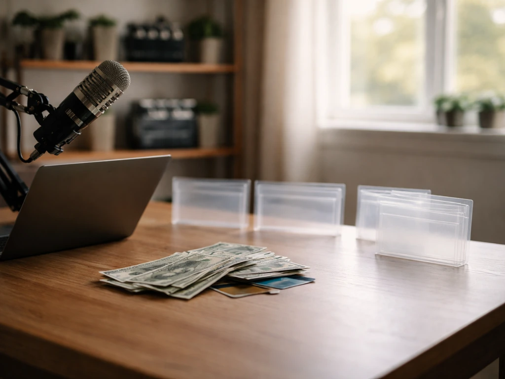 Minimal studio office scene with scattered cash and a microphone, suggesting unreliable net-worth estimates