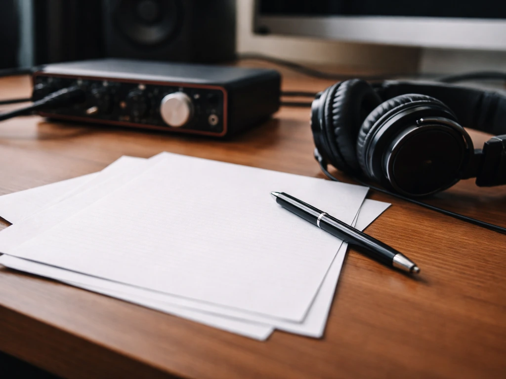 Blank contract pages and studio headphones on a work table, suggesting work-for-hire producer fees.