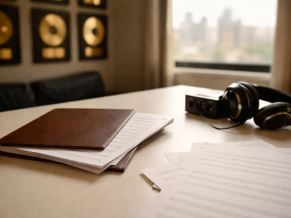 Minimal music studio desk with headphones and blank sheets, gold plaques blurred in the background.