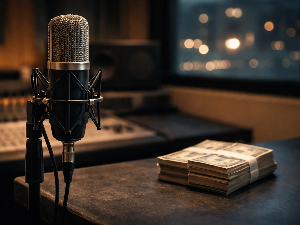 Unbranded studio microphone beside cash on a desk, with blurred city lights in the background.