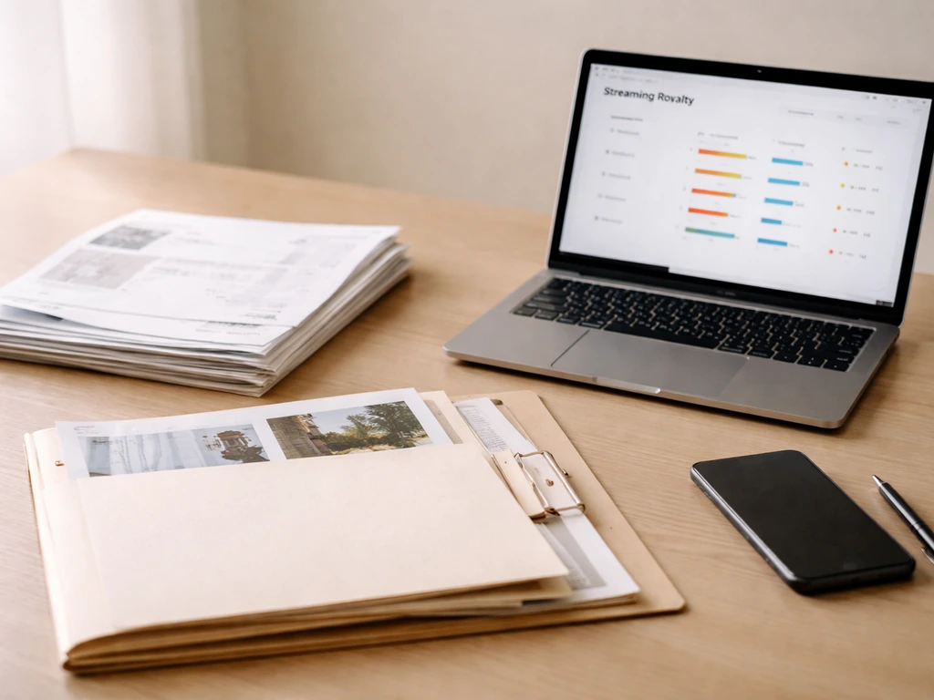 Minimal desk scene with music royalty documents, an envelope of real-estate style records, and a streaming payment summa