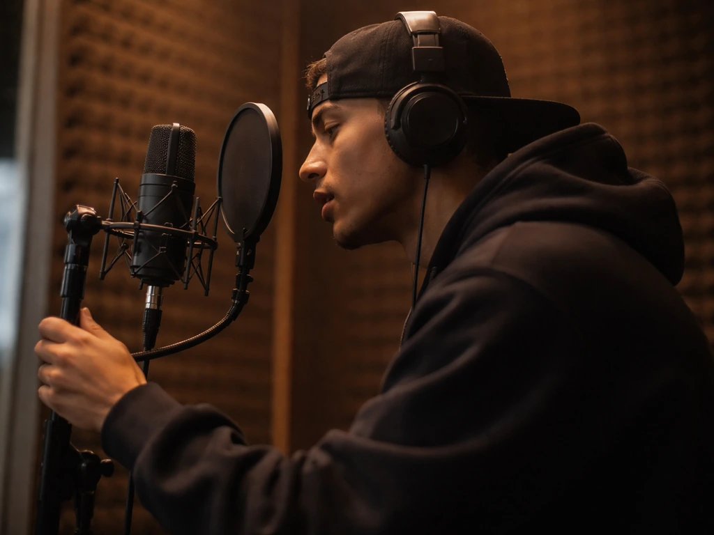 Anonymous rapper performing into a studio microphone in a small recording room with warm lights.