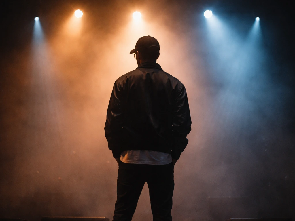 Anonymous touring performer under concert stage lights with a blurred backdrop and light haze.