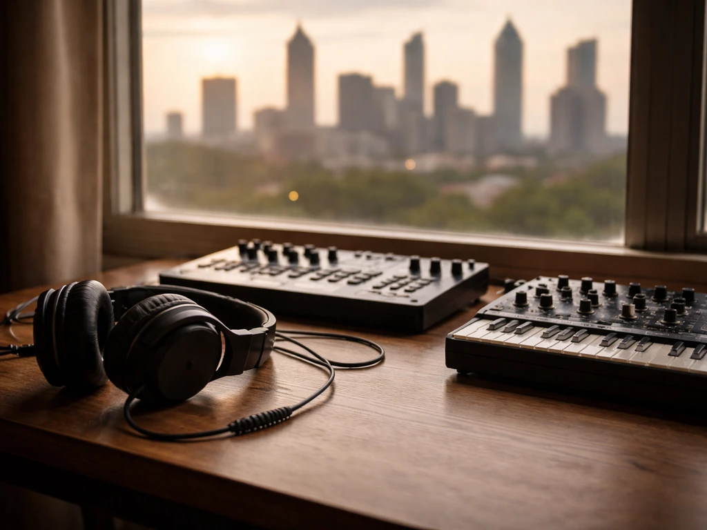 Anonymous music producer studio desk with headphones, synthesizer, and a soft Atlanta skyline view.