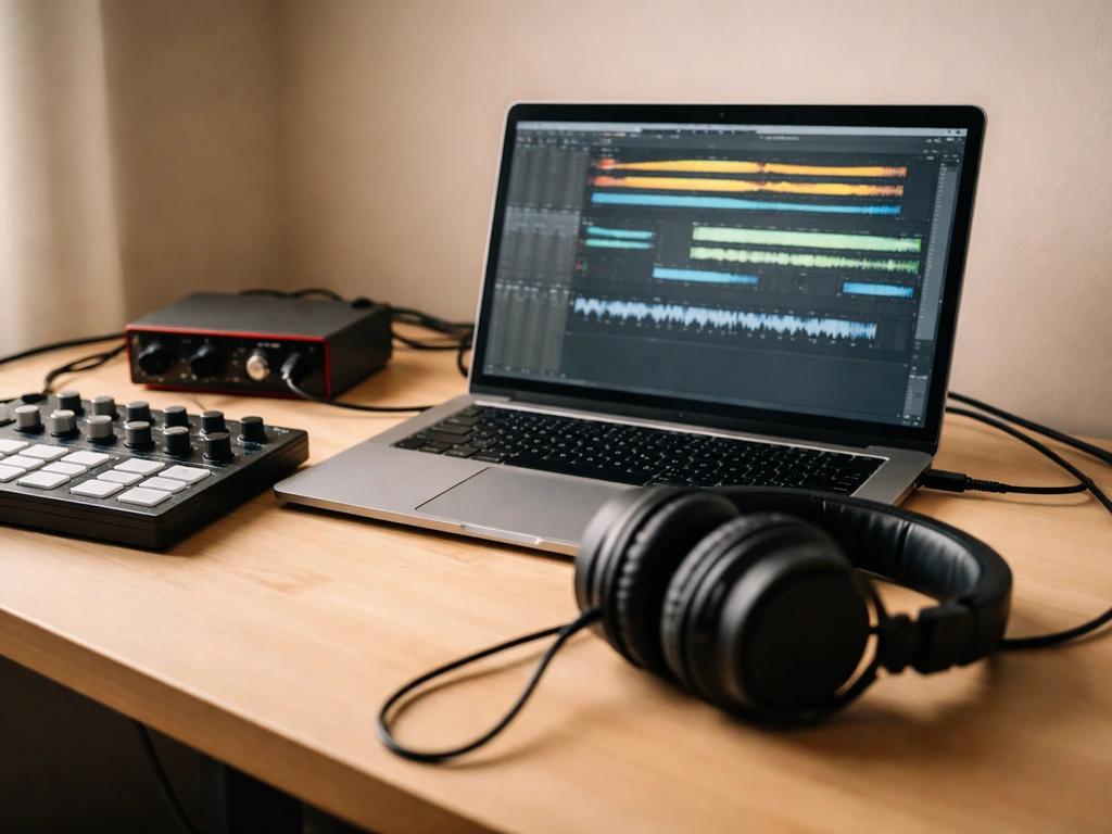 Music producer’s beatmaking setup with headphones and laptop showing a DAW session for commercial release