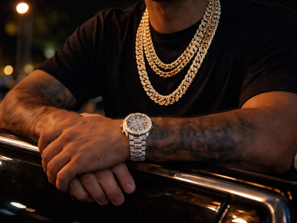 Close-up of an anonymous man wearing a thick iced watch and layered gold chain in warm light