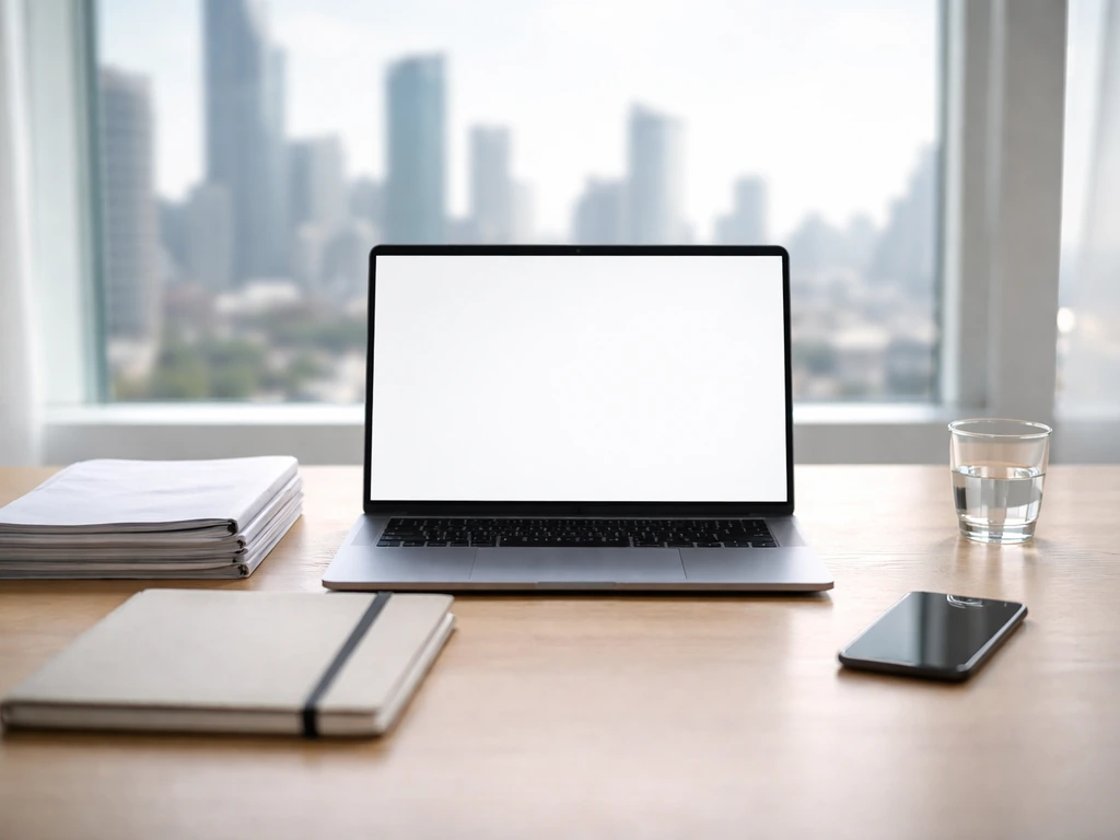 Minimal desk with laptop and documents, symbolizing checking and updating financial information.