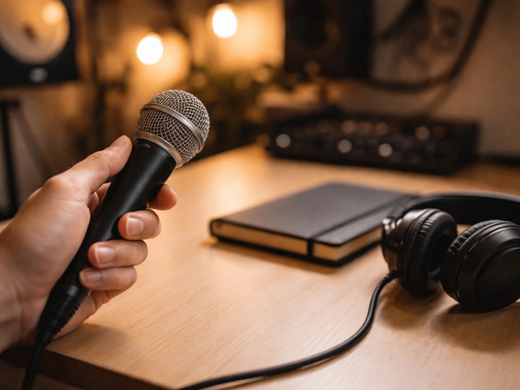Close-up of a wired microphone on a studio desk, symbolizing a rapper’s career and media work.