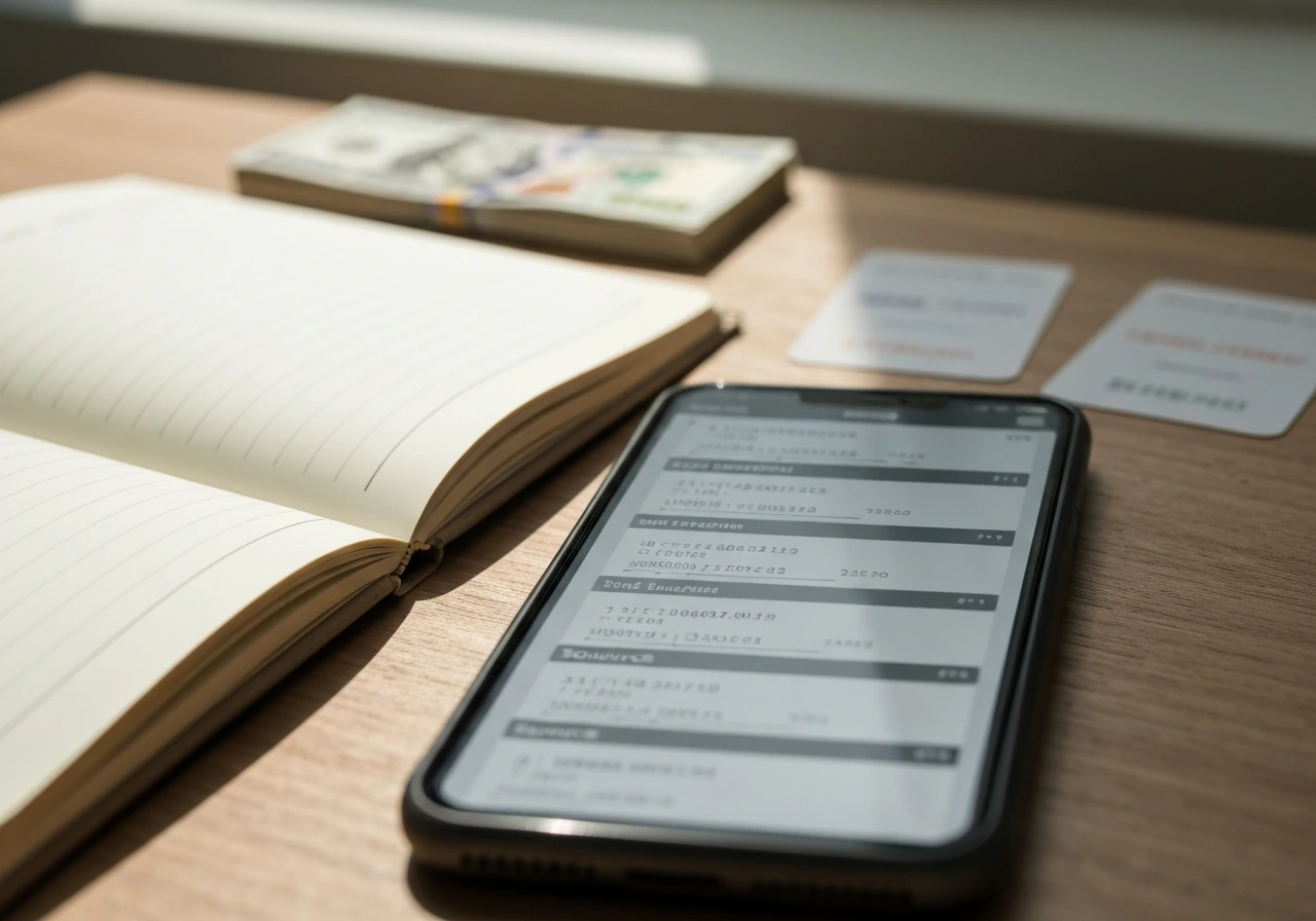 Minimal desk scene with a phone showing blurred finance figures and a cash envelope, suggesting net worth estimates.