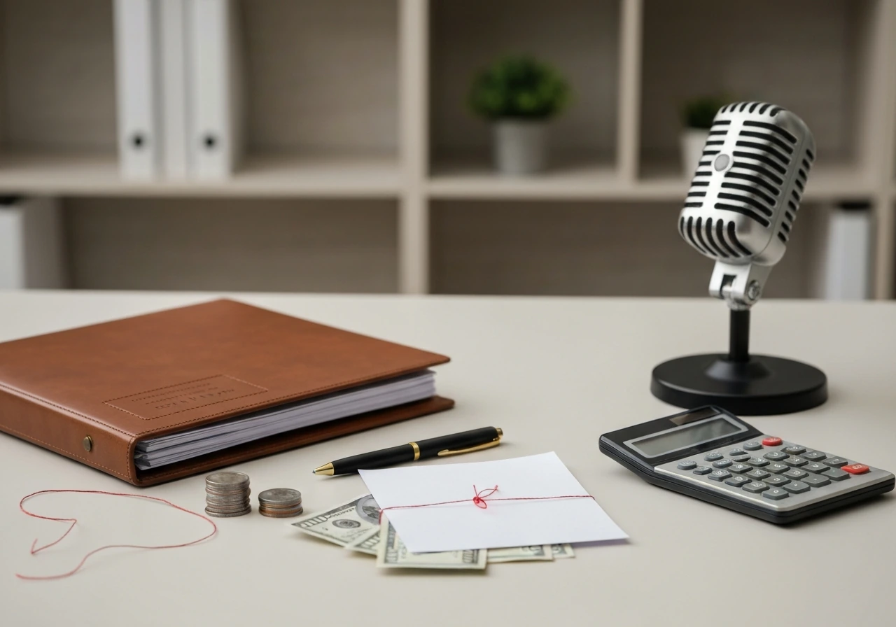 Minimal studio desk with blank contract papers, pen, microphone, and money coins tied with red string.