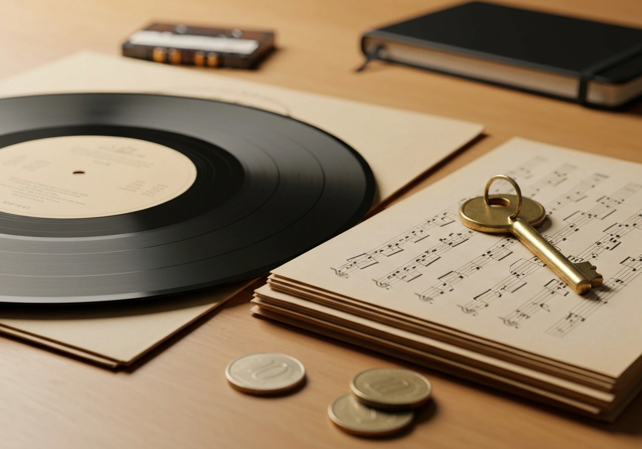 Minimal tabletop with an open vinyl sleeve and blank music sheets, symbolizing music catalog assets and royalties.