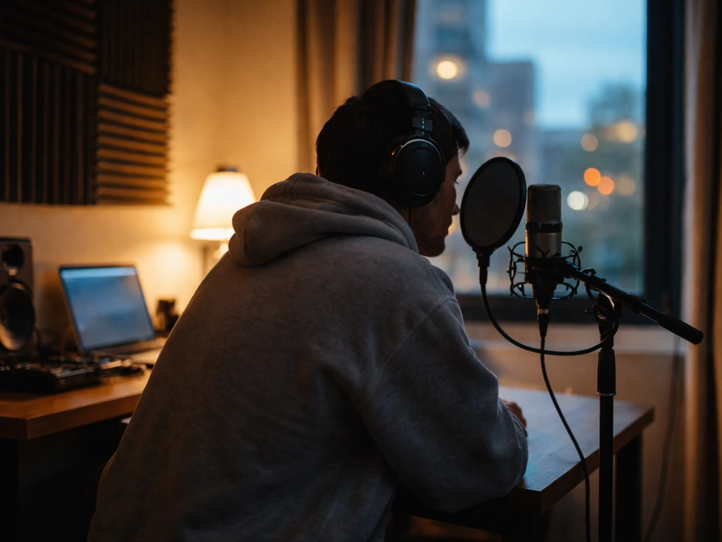 Anonymous rapper recording in a simple studio room with a microphone and dim city light in the background
