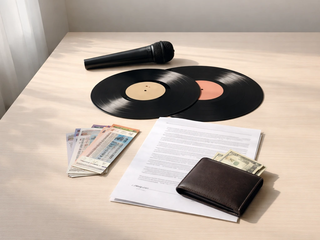 Minimal photo of an anonymous business desk with scattered vinyl, mic, and receipts suggesting multiple music income str