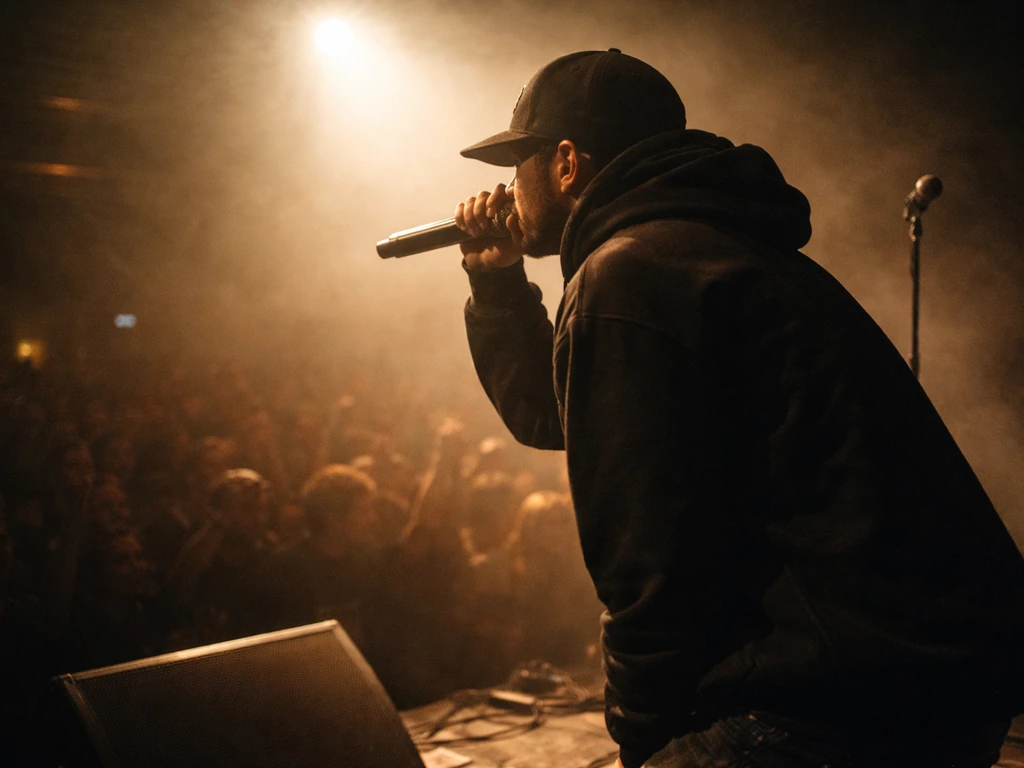 Spotlit stage with an anonymous hip-hop performer holding a microphone during a live show