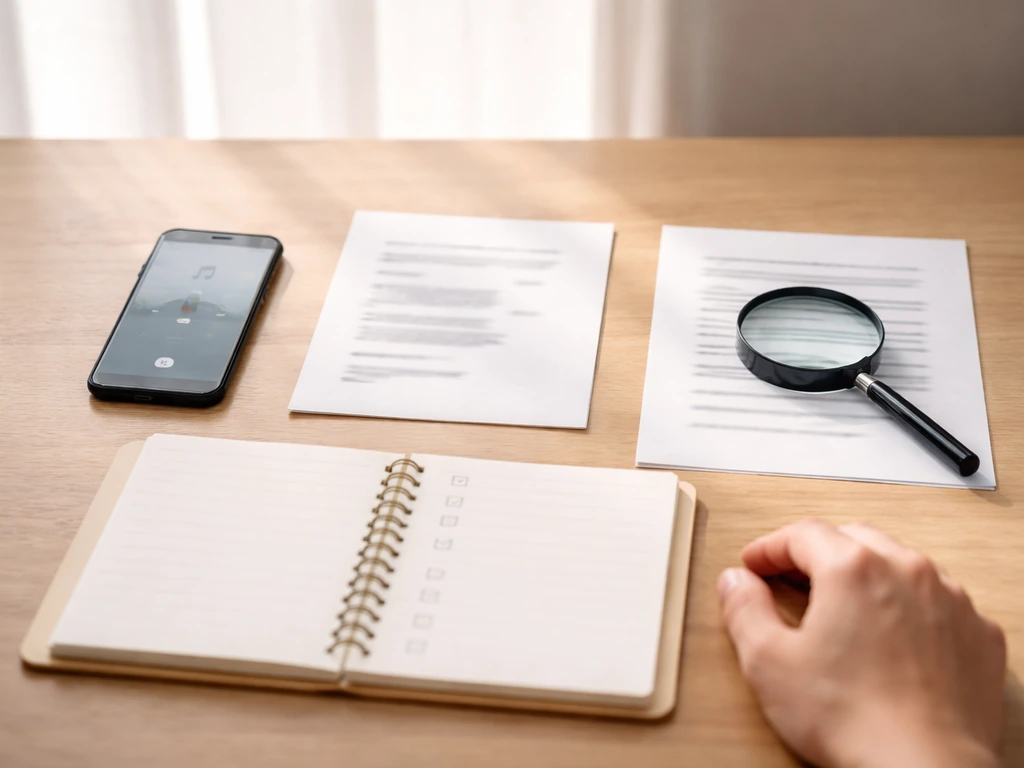 Minimal desk scene showing an anonymous notebook checklist for verifying an online estimate using public signals