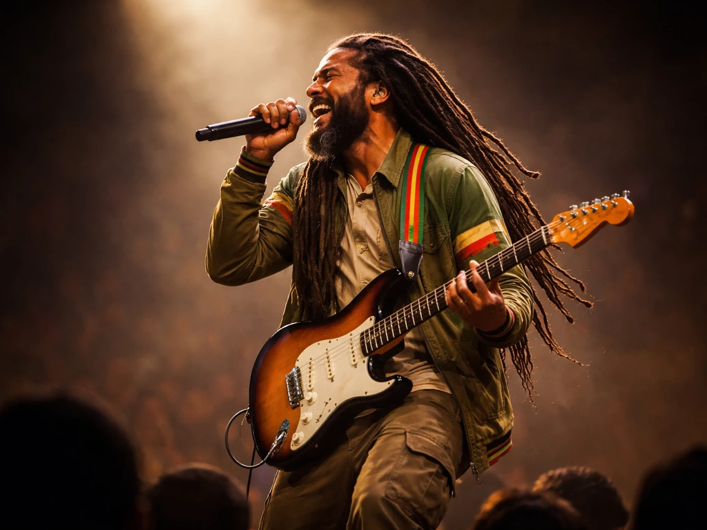 Jamaican reggae musician performing live on stage with guitar and microphone under warm lights
