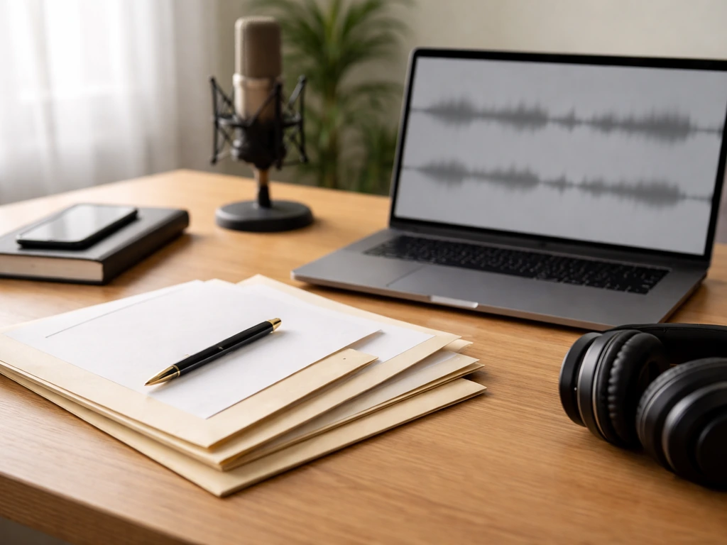 Minimal studio workspace with record label paperwork and a laptop, suggesting touring and label income
