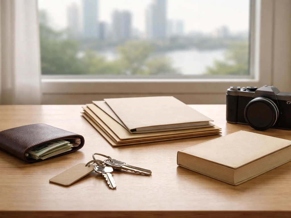 Minimal photo of a tidy desk with cash, keys, a notebook, and a camera in soft natural light